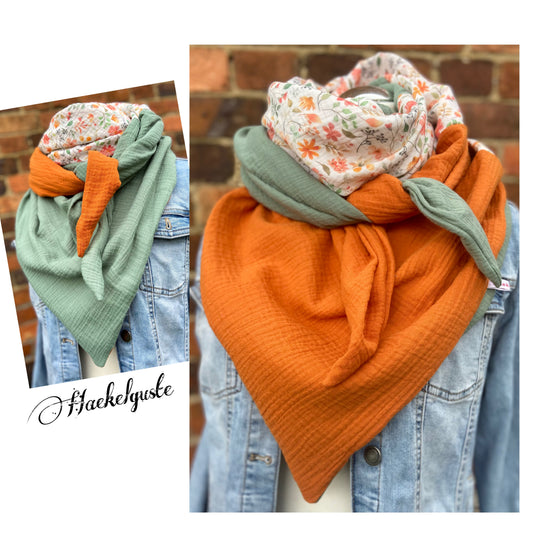 XXL Musselin Wende - Dreieckstuch Musselin Blüten orange grün großes Tuch Damen Musselintuch Geschenk Geburtstag Mama