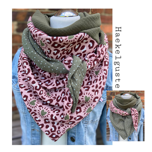 2 Seiten XXl Musselintuch großes Dreieckstuch, Damen Schal, leoprint , rosa , khaki , Musselintücher, Stilltuch , Pünktchen , Animalskin