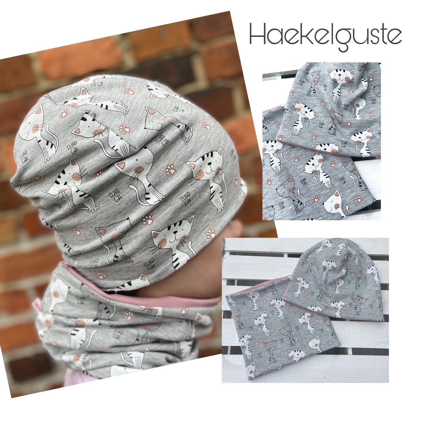 Katzen " Miau " Mütze oder Loop im Set Mädchen Übergang grau rosa
