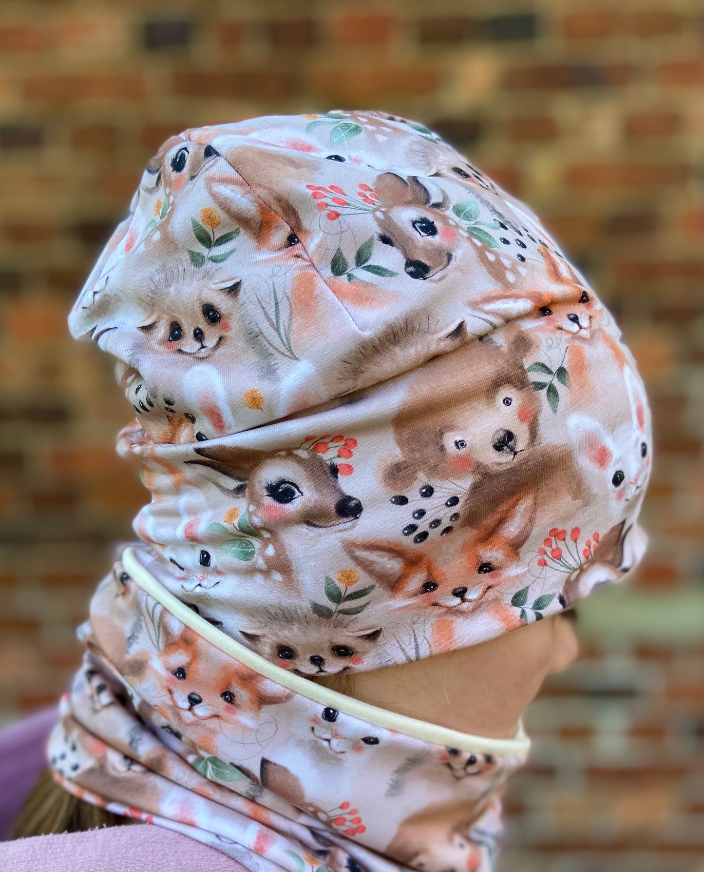 Mütze" Tiergesichter " Halssocke Kinder Beanie mit Bündchen Waldtiere Fuchs Reh beige Jersey Mädchen (Kopie)