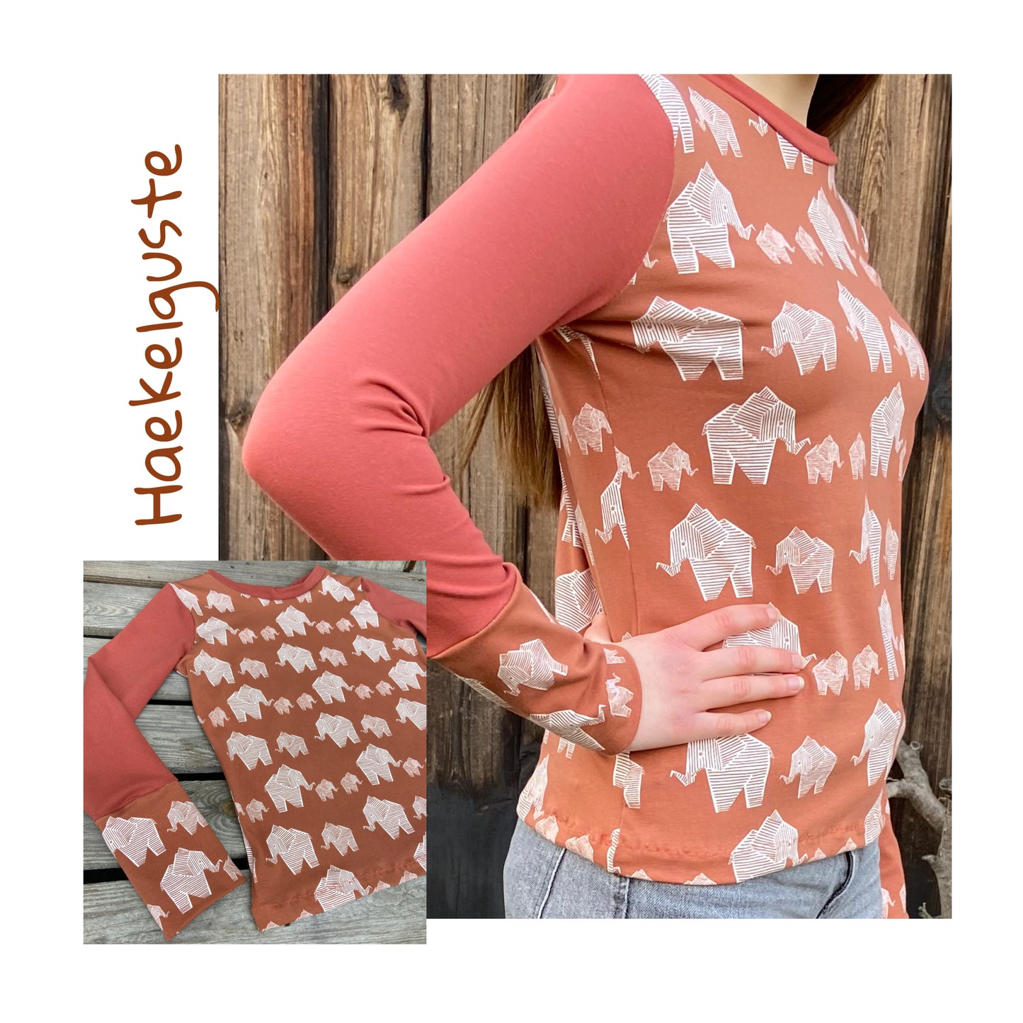 Langarmshirt Damen, retro Elefant, rost, rotbraun, rostrot