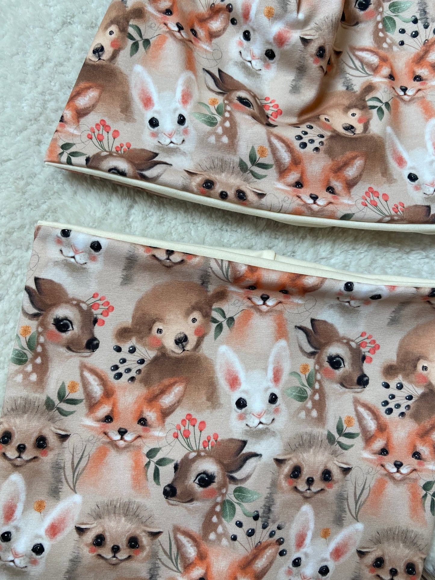 Mütze" Tiergesichter " Halssocke Kinder Beanie mit Bündchen Waldtiere Fuchs Reh beige Jersey Mädchen (Kopie)