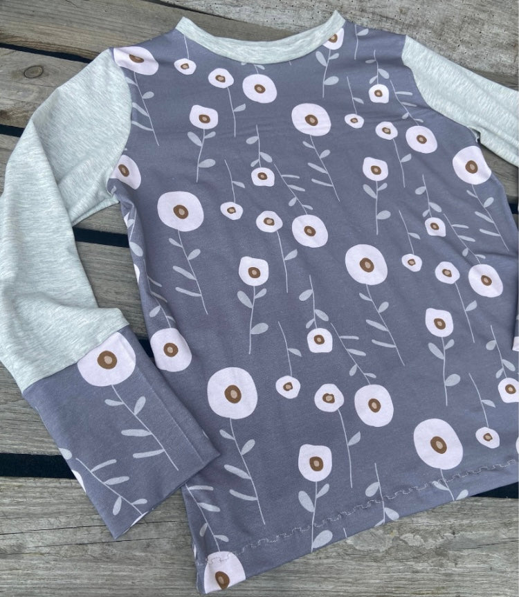 Langarmshirt Damen, Blume, Retro Shirt, grau, Blumen , Vintage Shirt