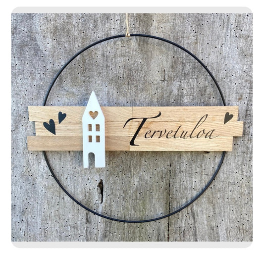 30 cm großer Türkranz Tervetuloa Finnland Willkommen Haus Metallring Geschenk Hauseinweihung Freundin Türschild Holzschild Eingang