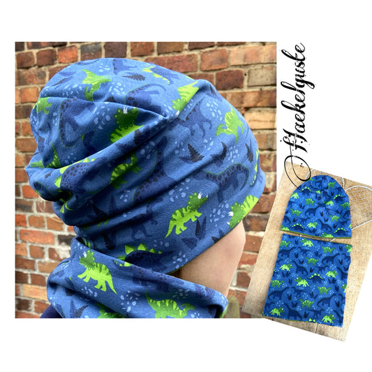 Mütze Dino Beanie o. Loop Jersey o.  Fleece    Kinder unisex Dinosaurier blau grün oliv Jungen Mütze Übergang gefüttert 2 lagig