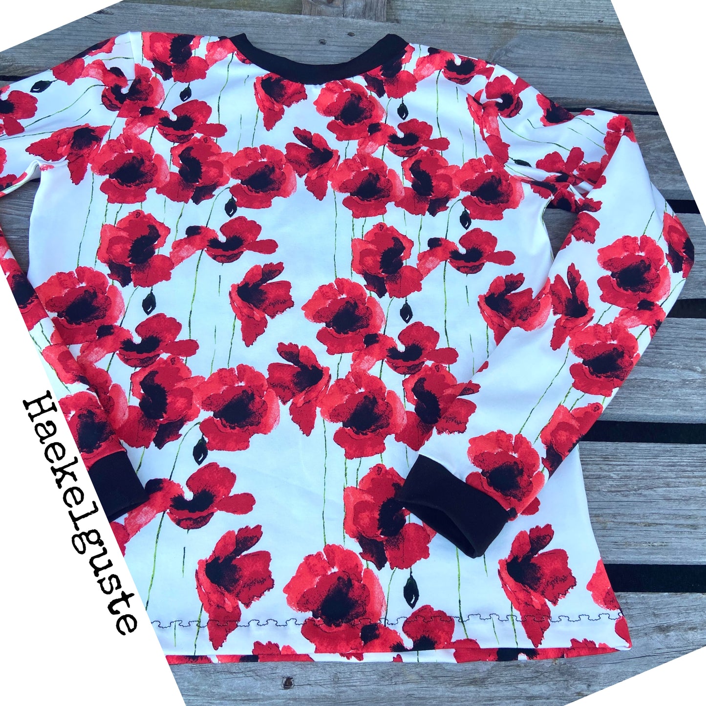 Shirt Damen, Mohnblume, Bio Jersey, Shirt rot weiß schwarz , Langarmshirt retro