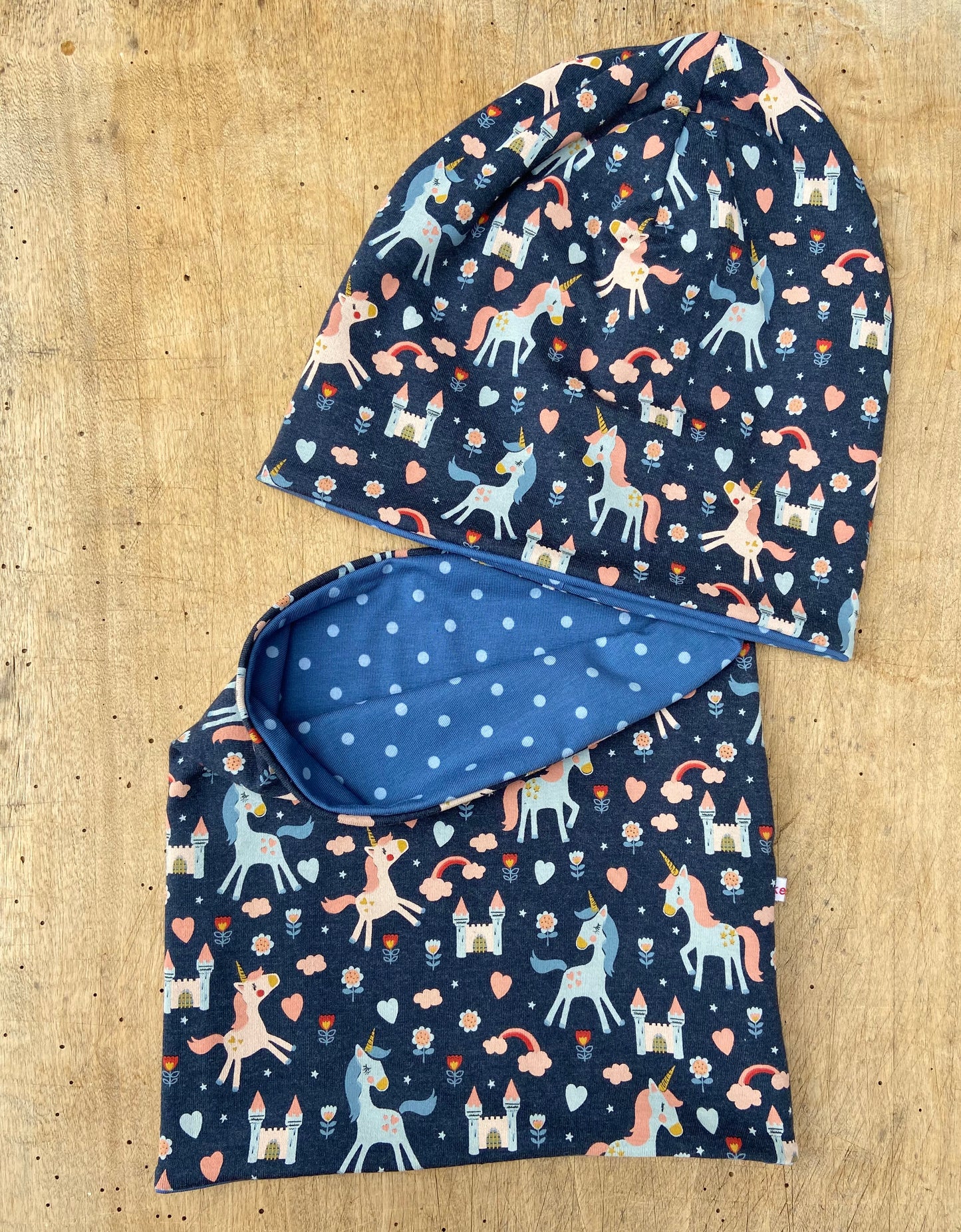 Einhorn Beanie+ Loop Set Pferd Mädchen Mütze Übergang gefüttert Stirnband Knoten