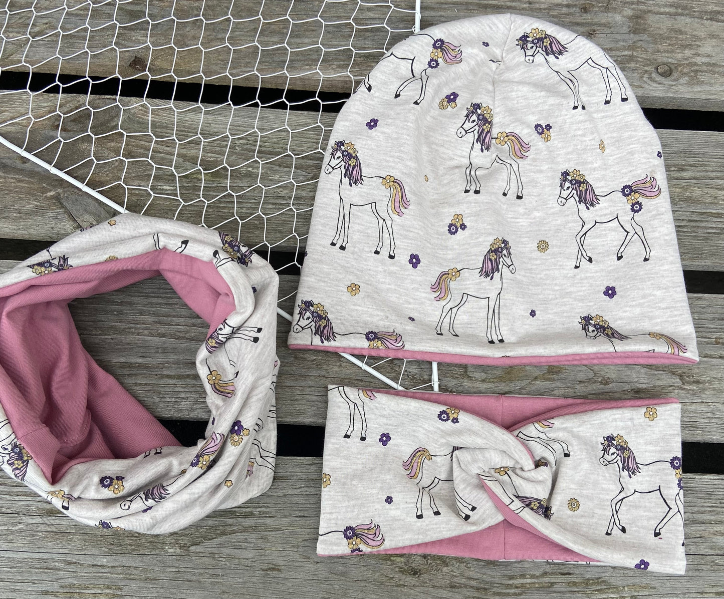 Pferd Beanie + Loop , Stirnband, Mädchen Mütze, Übergang gefüttert Knotenstirnband , Glitzer