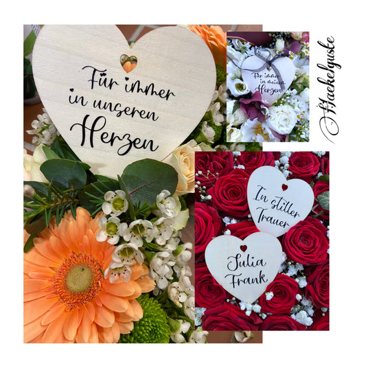 Kranzstecker / Trauer Holzherz / Trauerschleife / Grabschmuck / Beisetzung / Personalisiert / Grabkranzstecker / Grabgesteck / Trauerkranz