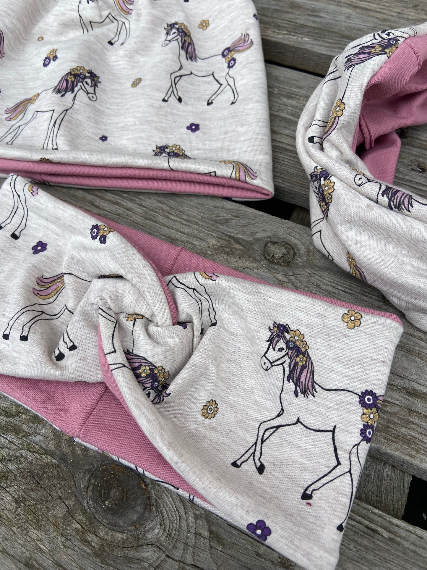 Pferd Beanie + Loop , Stirnband, Mädchen Mütze, Übergang gefüttert Knotenstirnband , Glitzer