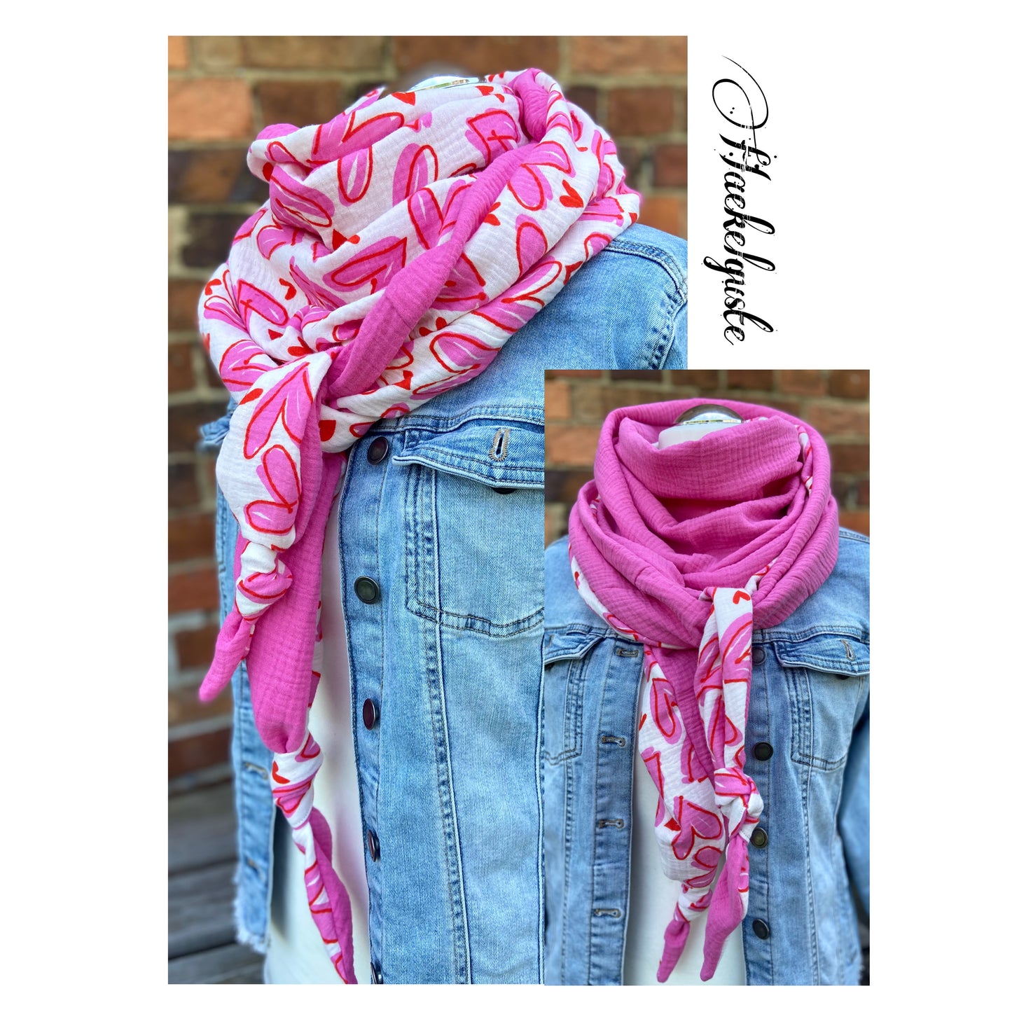 XXL Musselin Wende - Dreieckstuch / großes Tuch Damen / Geschenk Geburtstag Mama / Herzchen pink weiß / Muttertag
