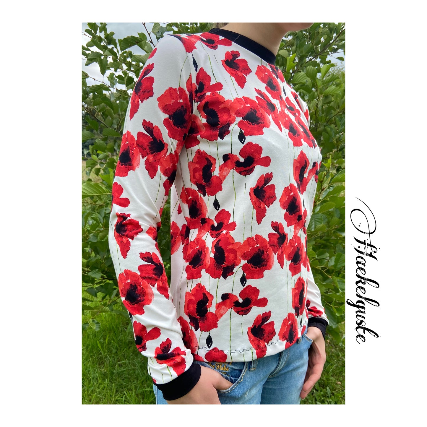 Shirt Damen, Mohnblume, Bio Jersey, Shirt rot weiß schwarz , Langarmshirt retro