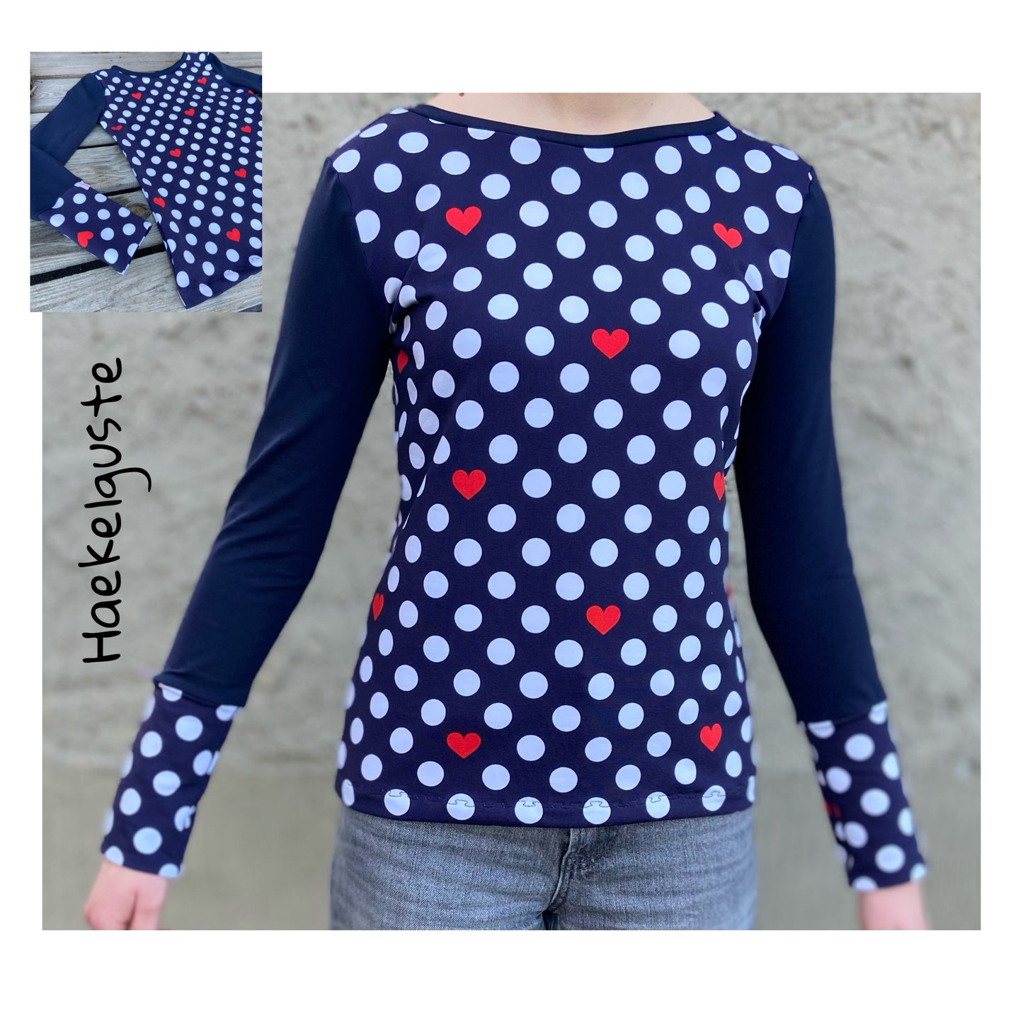 HerzPunkt Langarmshirt Damen, dunkelblau, Punkte,Herz, rot weiß dunkelblau , Shirt retro