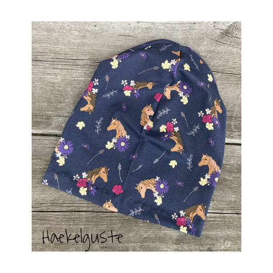Mütze Beanie Pferd Jersey o.  Fleece Loop dunkelblau Mädchen Mütze Übergang einlagig doppellagig Herbst Winter gefüttert