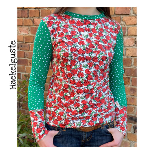 Langarmshirt Damen, Shirt Erdbeere rot , Longsleeve , vintage , grün