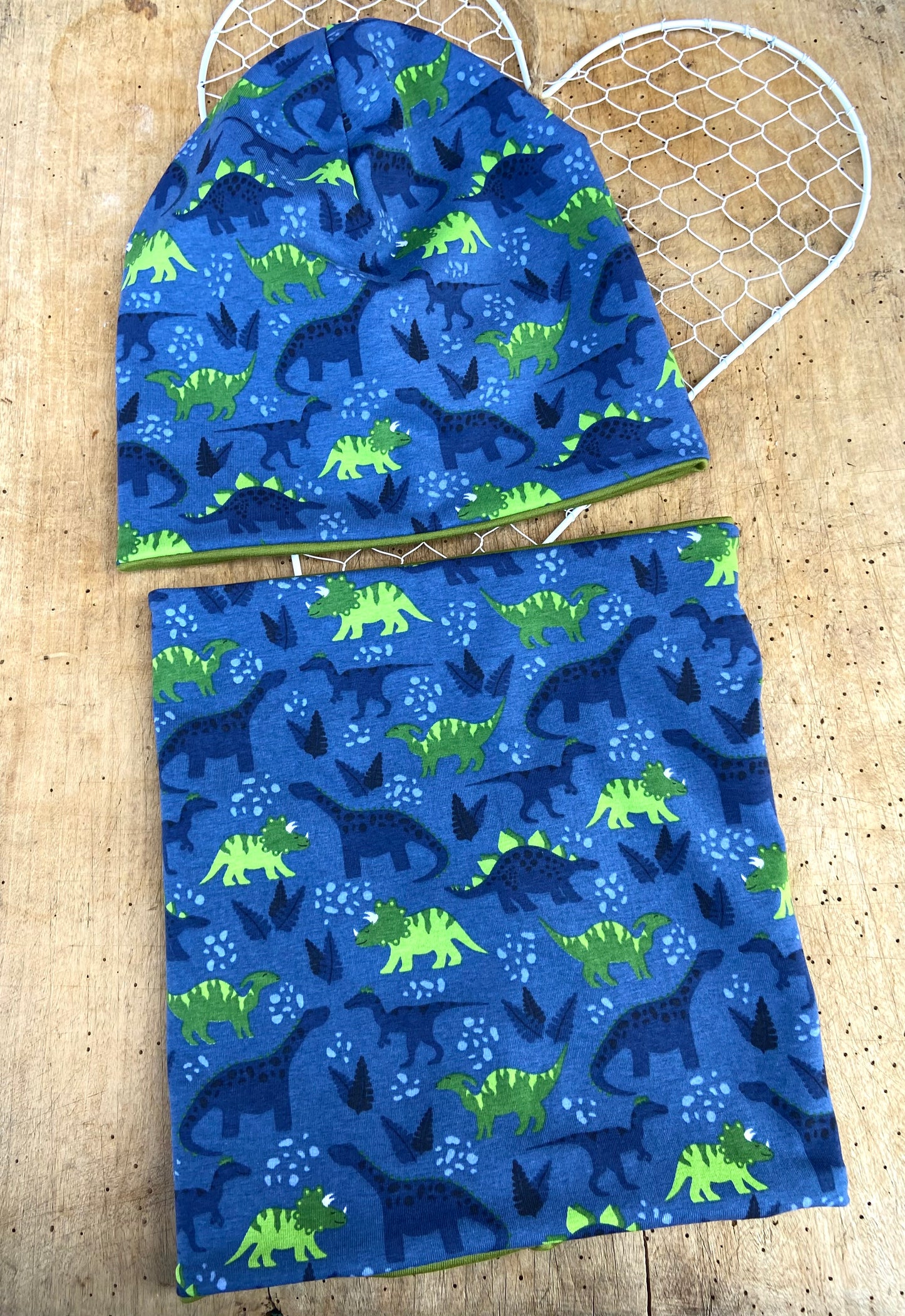 Mütze Dino Beanie o. Loop Jersey o.  Fleece    Kinder unisex Dinosaurier blau grün oliv Jungen Mütze Übergang gefüttert 2 lagig