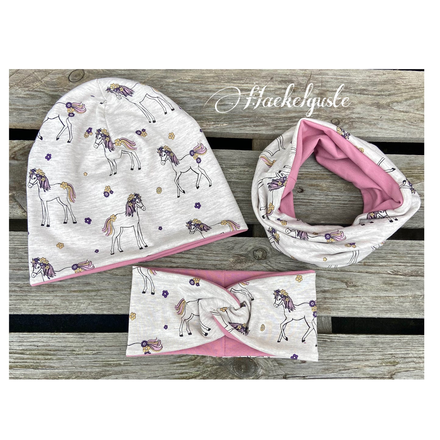 Pferd Beanie + Loop , Stirnband, Mädchen Mütze, Übergang gefüttert Knotenstirnband , Glitzer