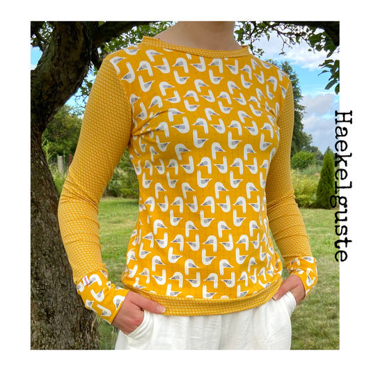 Shirt Damen, kleine Möwe, Bio Jersey, Shirt Gelb Punkte, Langarmshirt retro