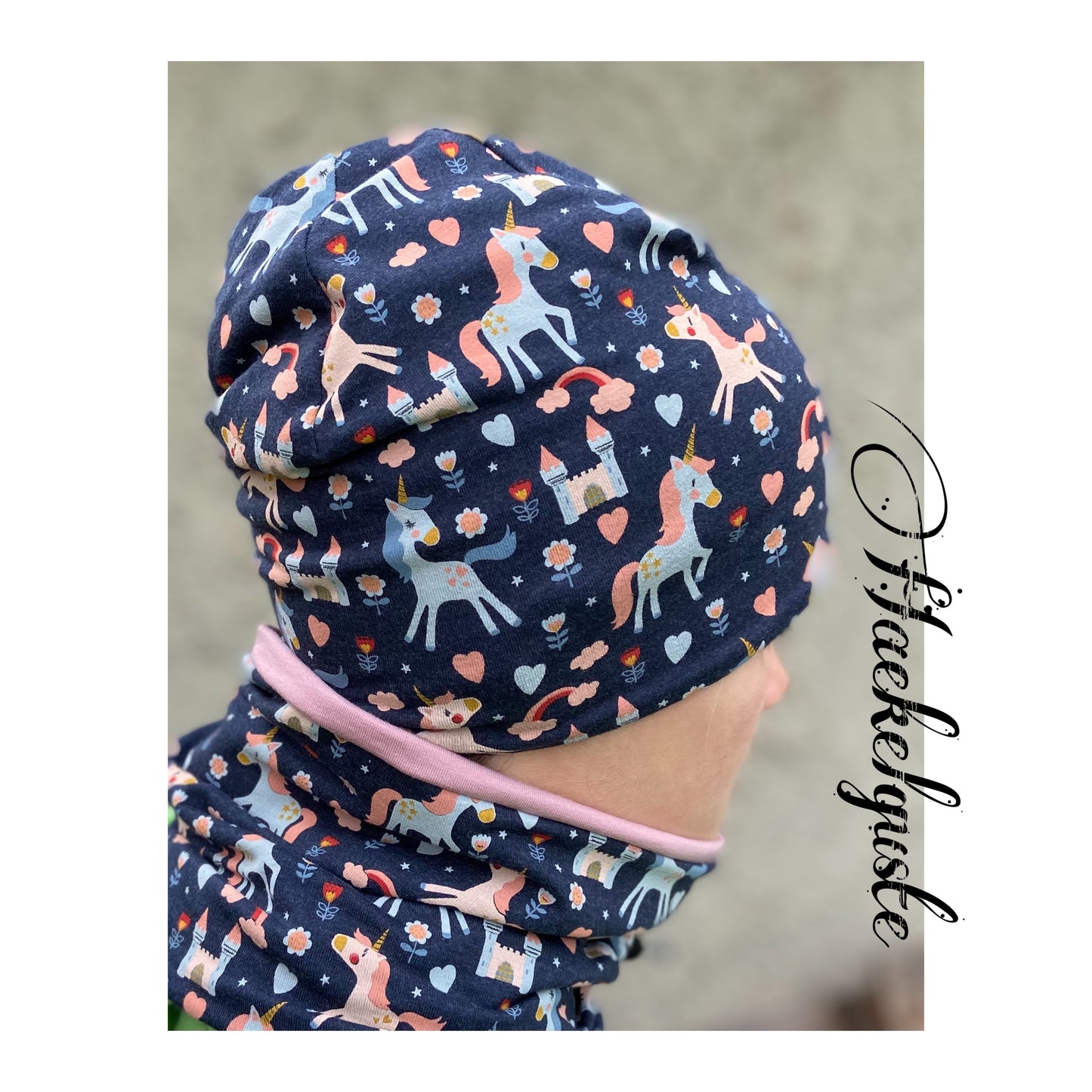 Einhorn Beanie+ Loop Set Pferd Mädchen Mütze Übergang gefüttert Stirnband Knoten