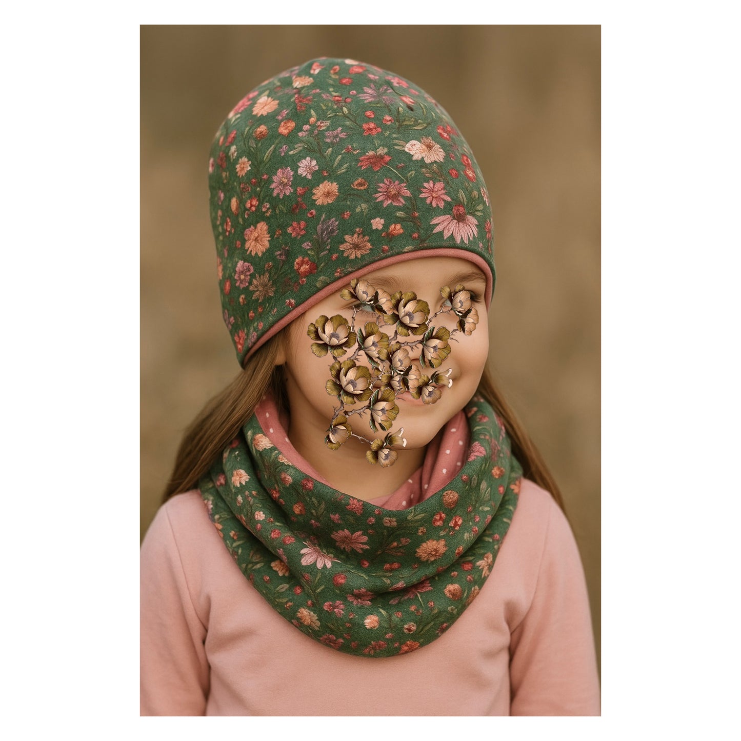 3 Tlg. Set Blümchen Beanie Mädchen Blumen Mütze Girl Übergang Set vintage Geschenk