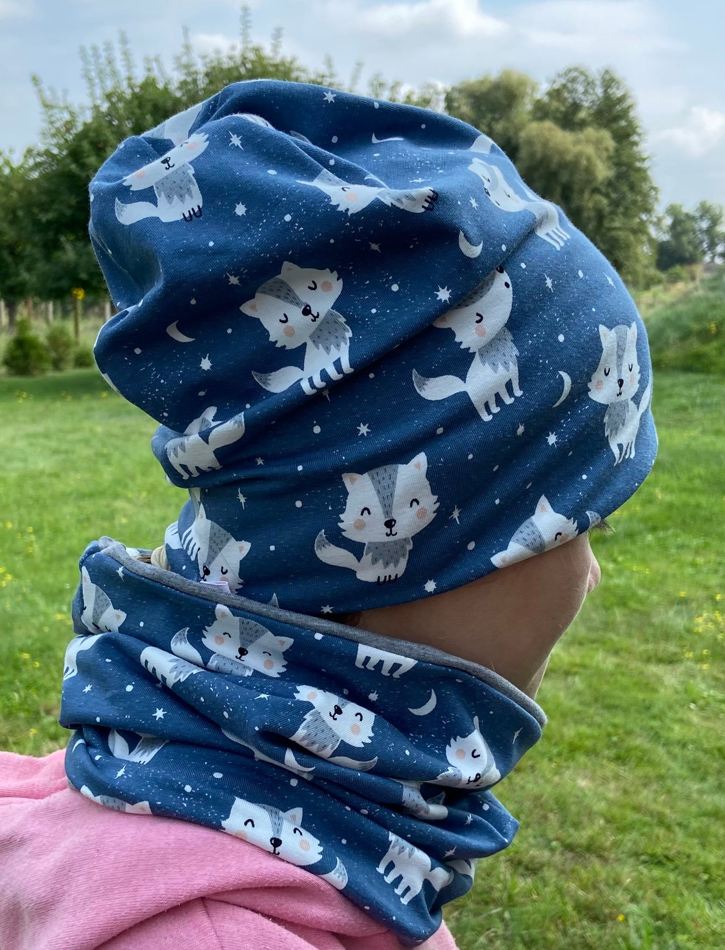 Mütze / Beanie und Loop Set Jersey Kinder Junge Tiere blau Wolf