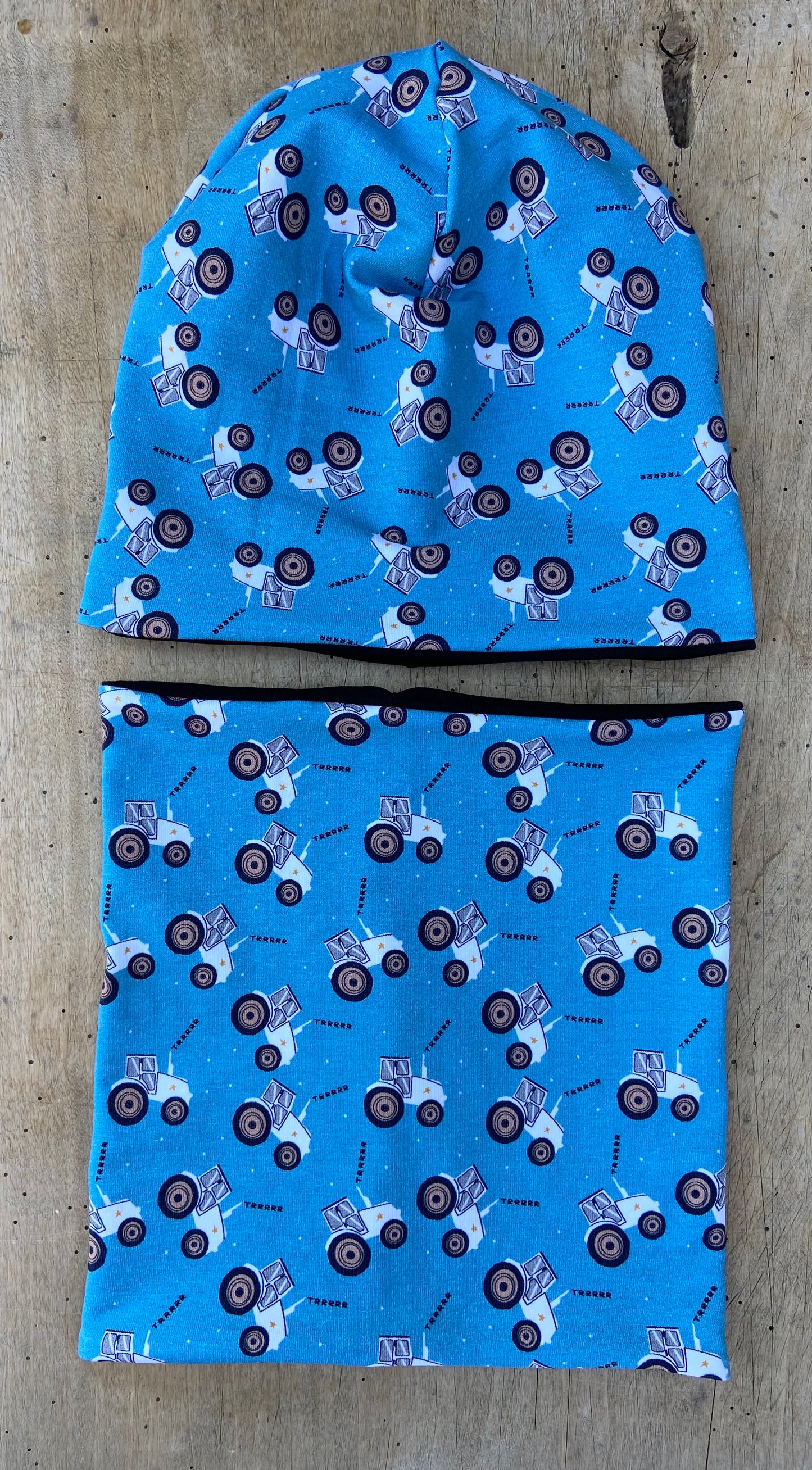 Set Mütze, Traktor Beanie,  Loop Jersey o.  Fleece blau rot Kinder Übergang Herbst Mütze 2 lagig