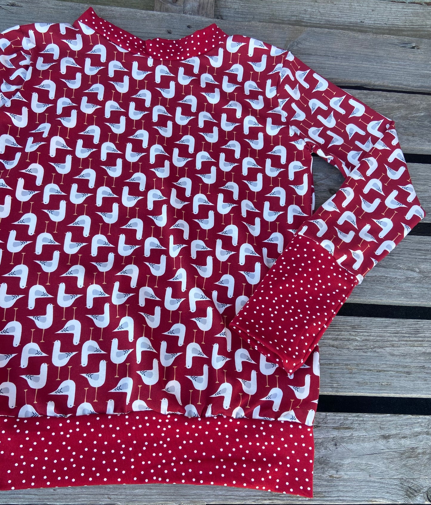 Shirt Damen, kleine Möwe, Bio Jersey, Shirt rot Punkte, Langarmshirt retro
