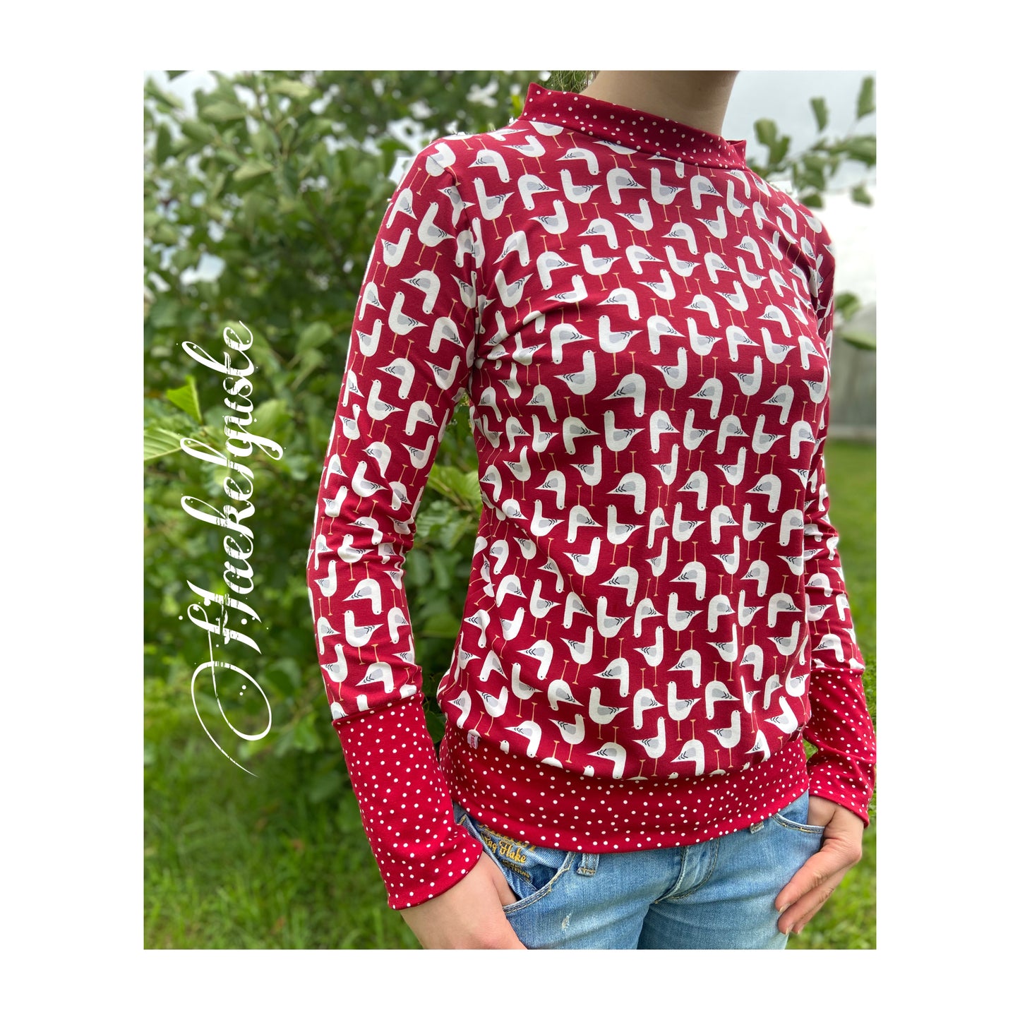 Shirt Damen, kleine Möwe, Bio Jersey, Shirt rot Punkte, Langarmshirt retro