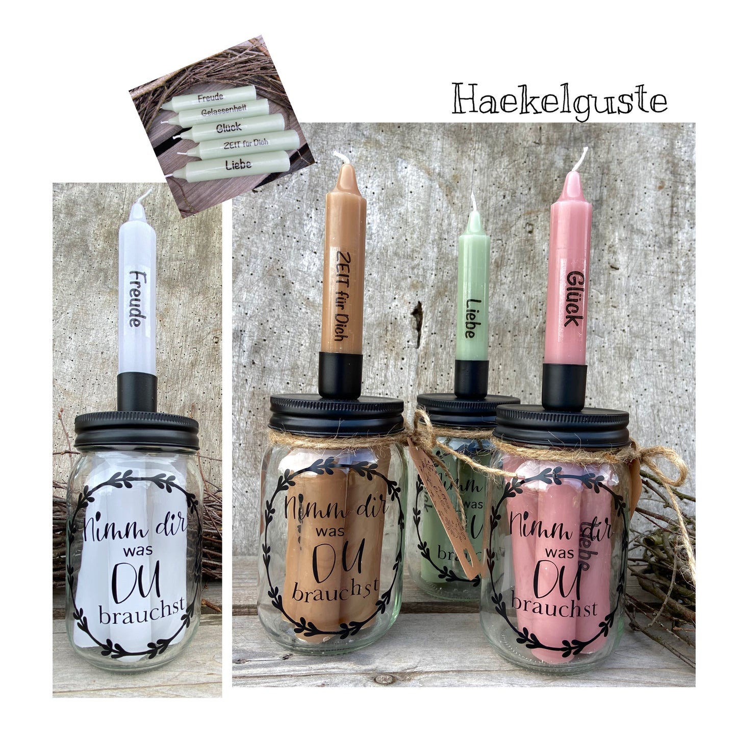 Nimm dir was du brauchst Geschenkset Kerzen im Glas beste Freundin Frau Geburtstag Kerzenständer Stabkerzen  Herzensmensch