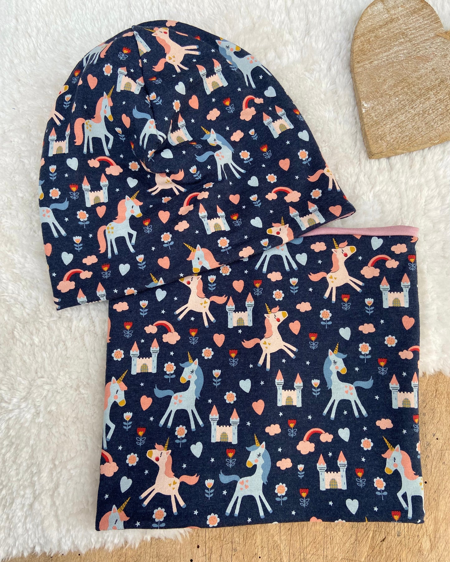 Einhorn Beanie+ Loop Wende Jersey o.  Fleece Pferd Mädchen Mütze Übergang gefüttert Stirnband Knoten