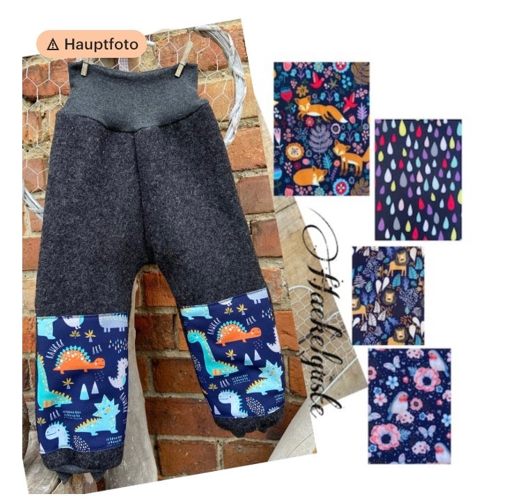 Wollwalk Hose mit Besatz Knie Po aus Softshell Überhose Outdoor Pants gefütterte Hose unisex Waldkindergarten warme Hose