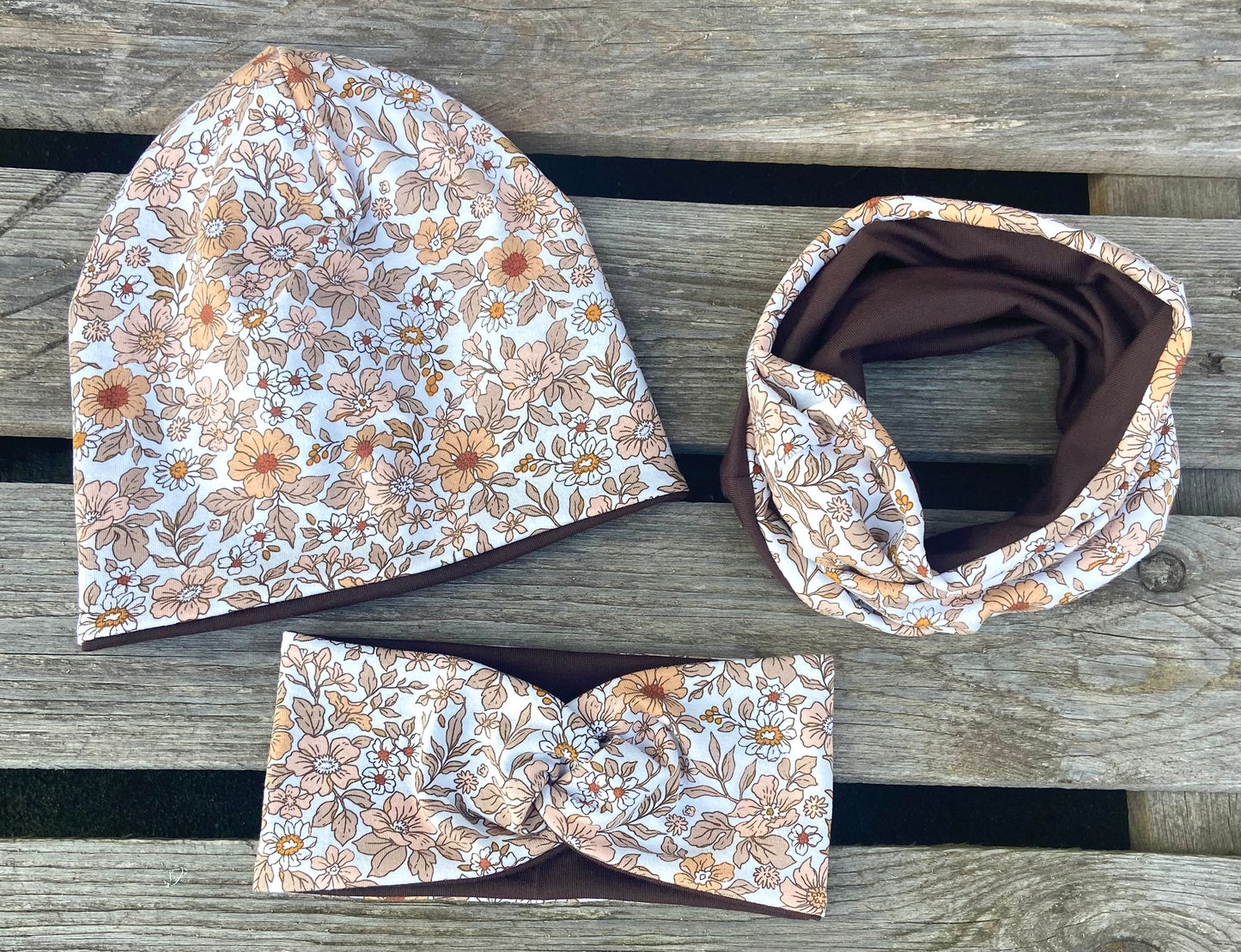 Beanie Mütze Loop im Set Mädchen Herbst Übergang Doppellagig Blumen braun beige Knotenstirnband