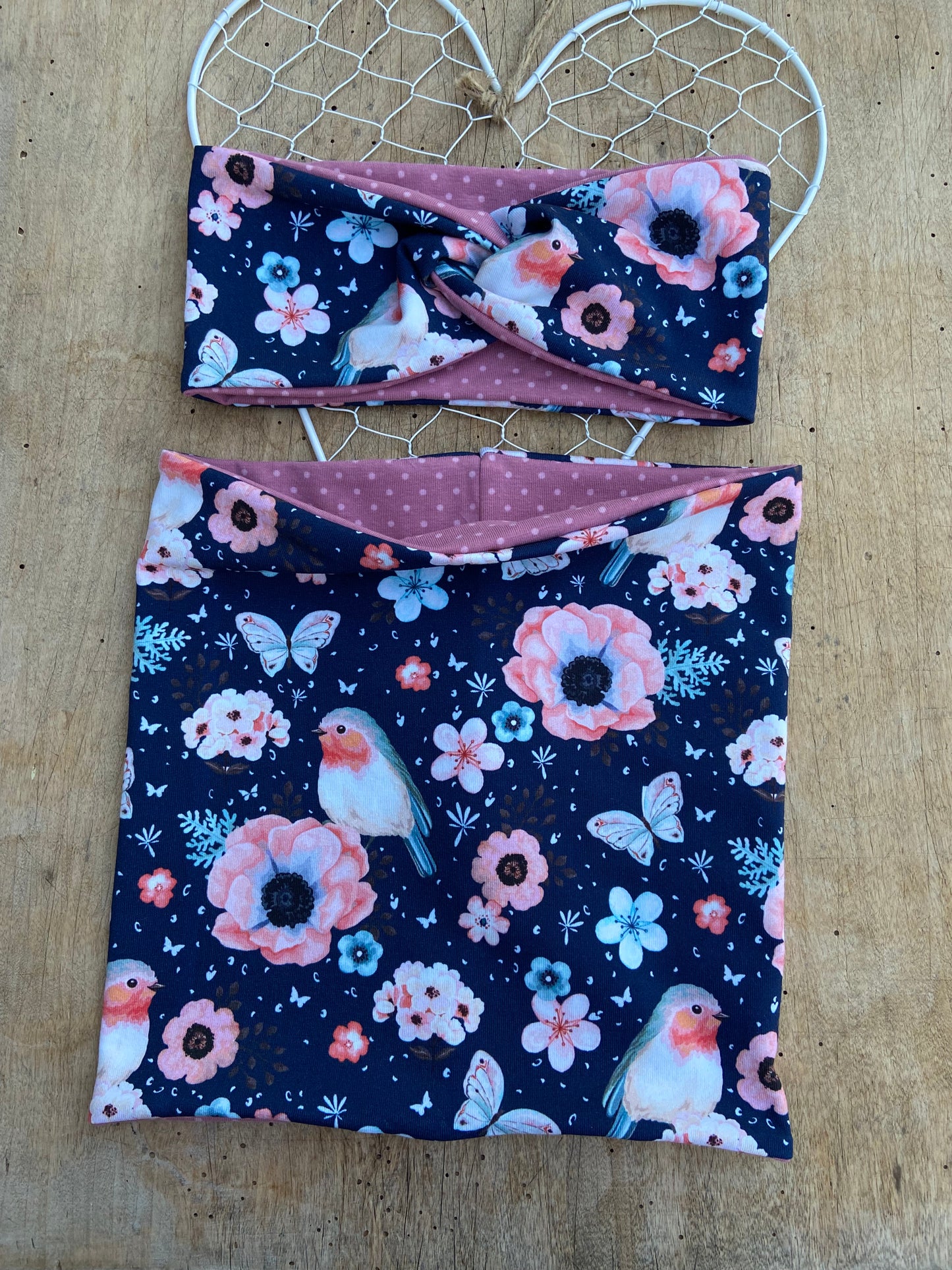 Set Stirnband  + Loop Mädchen Knotenstirnband Loop Blumen Streifen blau rosa rose Twist Schlupfloop Frühling