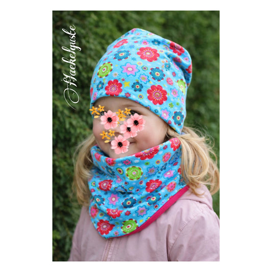 Beanie Set Blümchen Hipster Mädchen Mütze mit Bündchen grün Blumen rosa