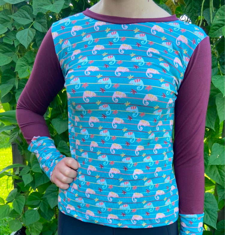 Langarmshirt Damen Chamäleon , Retro Shirt, blau , türkis , weinrot