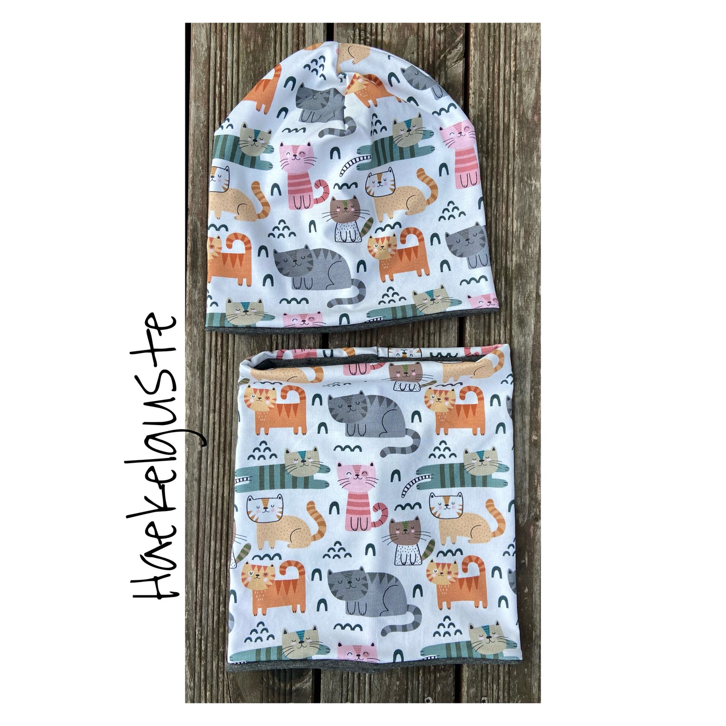 Beanie Set Katzen Mütze oder Loop im Set Mädchen Übergang grau rosa