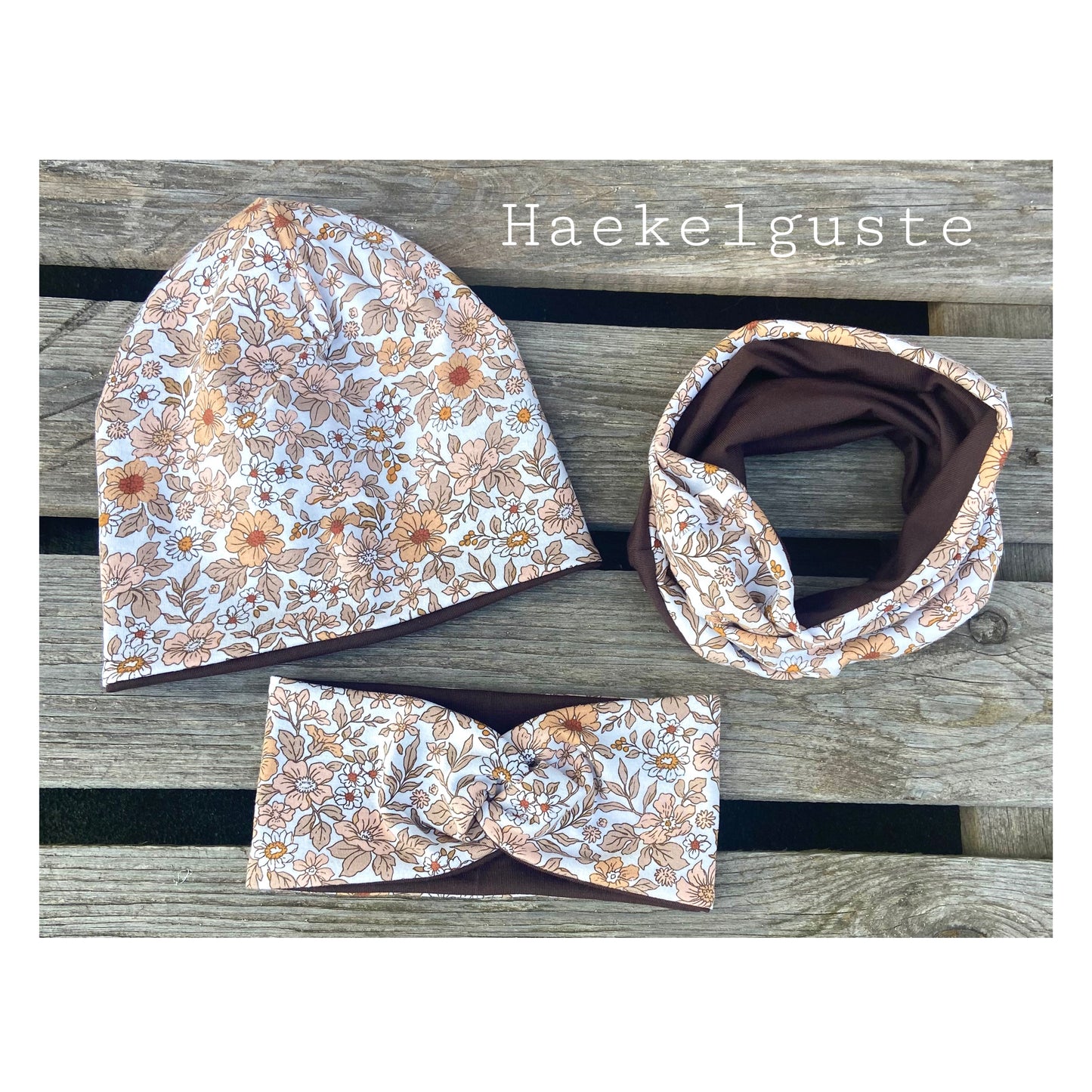 Beanie Mütze Loop im Set Mädchen Herbst Übergang Doppellagig Blumen braun beige Knotenstirnband