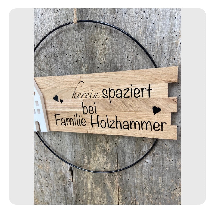 Personalisiert 30 cm großer Türkranz herein Spaziert Haus Metallring Geschenk Hauseinweihung Türschild Holzschild Eingang neues Heim Zuhause