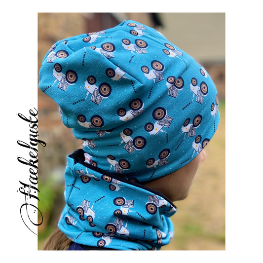 Set Mütze, Traktor Beanie,  Loop Jersey o.  Fleece blau rot Kinder Übergang Herbst Mütze 2 lagig