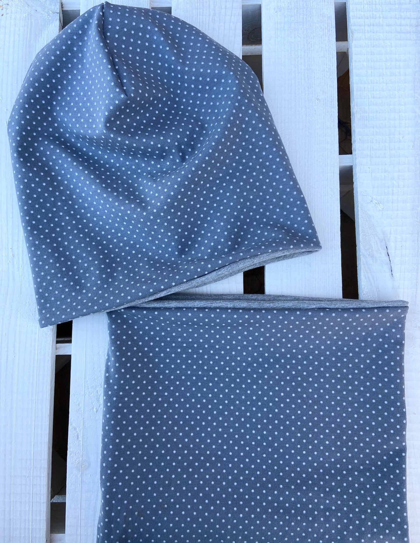 Beanie Set Pünktchen grau , Hipster Mütze Girl , graue Mütze