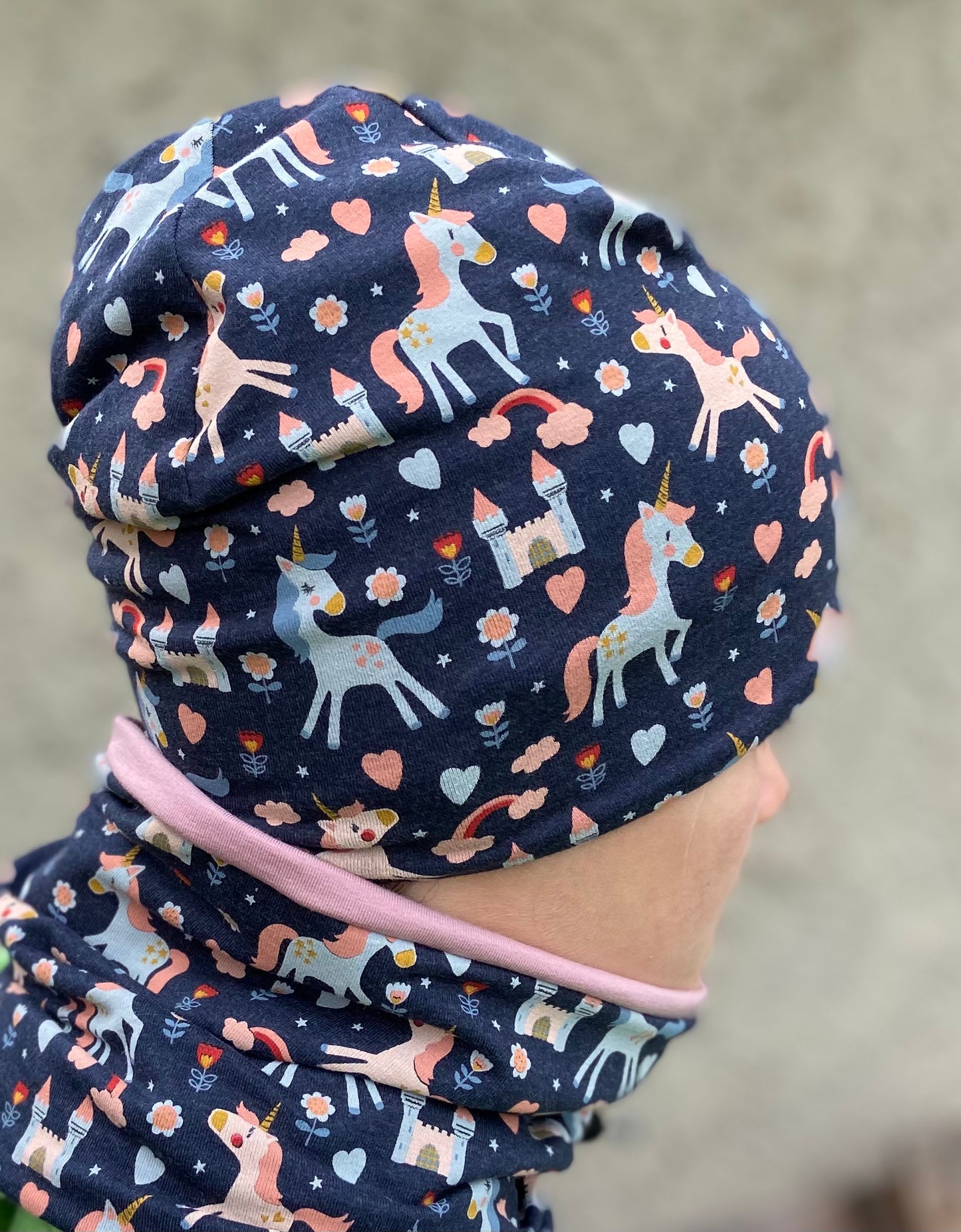 Einhorn Beanie+ Loop Set Pferd Mädchen Mütze Übergang gefüttert Stirnband Knoten