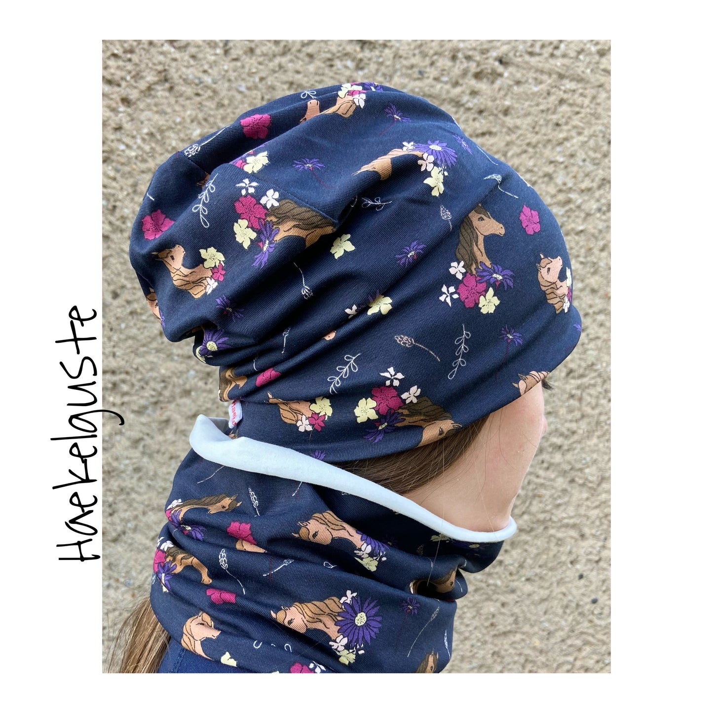 Mütze Beanie Pferd Jersey o.  Fleece Loop dunkelblau Mädchen Mütze Übergang einlagig doppellagig Herbst Winter gefüttert