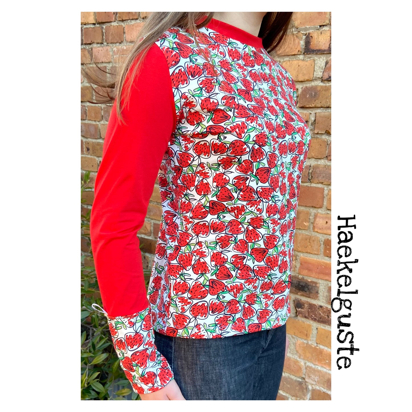 Langarmshirt Damen, Shirt Erdbeere rot , Longsleeve , vintage