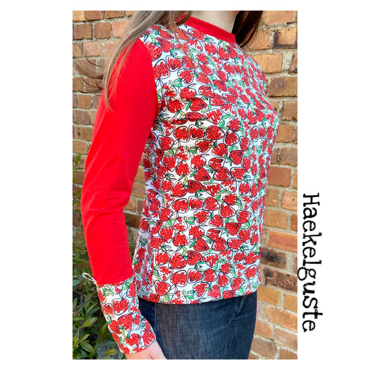 Langarmshirt Damen, Shirt Erdbeere rot , Longsleeve , vintage