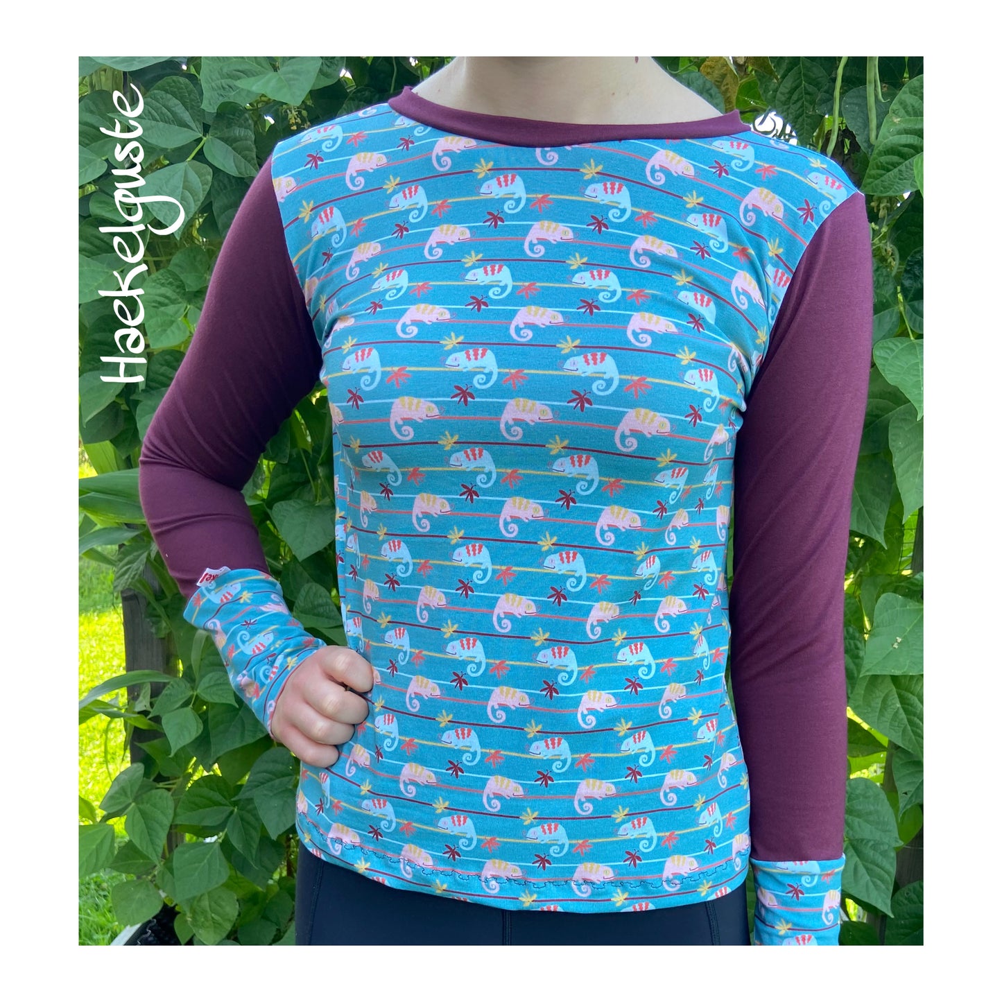 Langarmshirt Damen Chamäleon , Retro Shirt, blau , türkis , weinrot