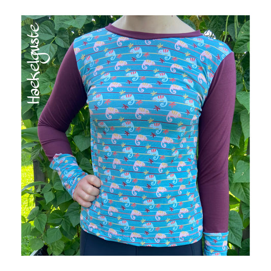 Langarmshirt Damen Chamäleon , Retro Shirt, blau , türkis , weinrot