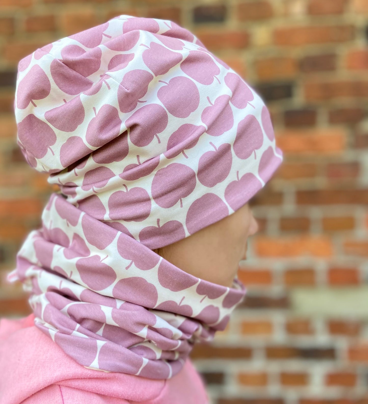 Beanie Apfel Set Jersey  Beanie+ Loop Mädchen Mütze Longbeanie Appel gefüttert