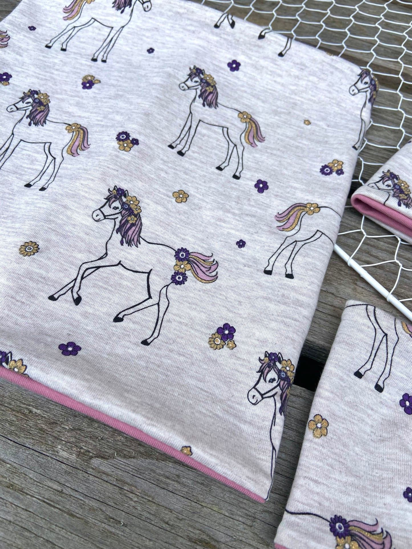 Pferd Beanie + Loop , Stirnband, Mädchen Mütze, Übergang gefüttert Knotenstirnband , Glitzer