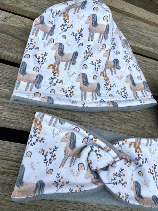 Hipster Pferde Set Beanie+ Loop Mädchen Mütze gefüttert Übergang Longbeanie weiß grau