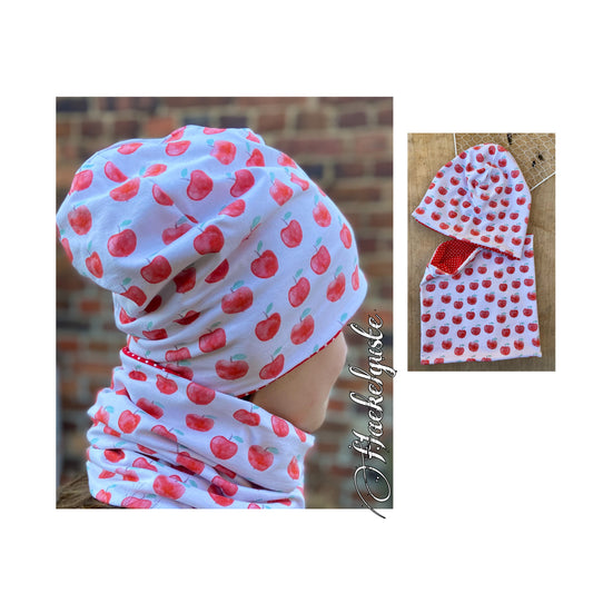 Beanie " Äpfelchen " Loop Set Mütze Schal Apfel rot weiß Kinder Mädchen Damen Übergang doppellagig Frühlingsmütze